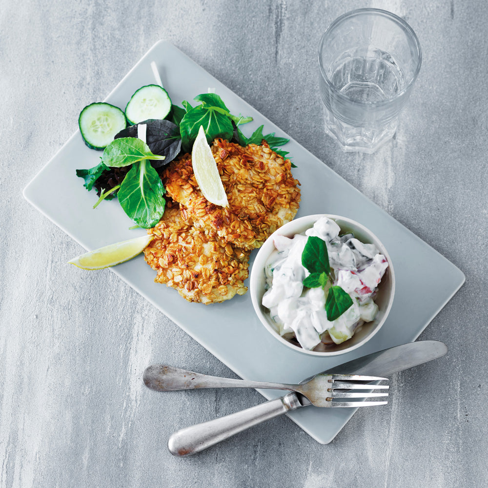 Crispy kyllingeschnitzel med raita