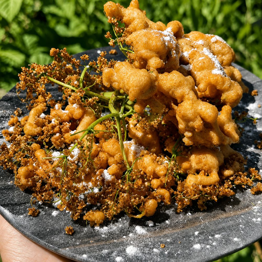 Friteret hyldeblomst i pandekagedej