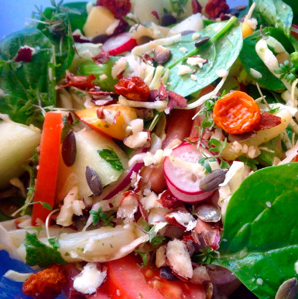 Melonsalat m. bagte tomater & hyldeblomstdressing